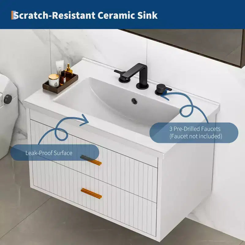 Wall Mounted Bathroom Vanity with Ceramic Sink and 2 Storage Drawers