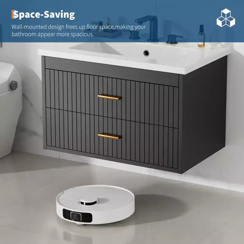 Wall Mounted Bathroom Vanity with Ceramic Sink and 2 Storage Drawers