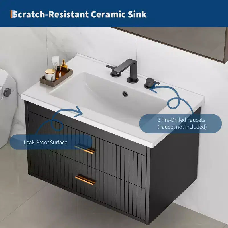 Wall Mounted Bathroom Vanity with Ceramic Sink and 2 Storage Drawers