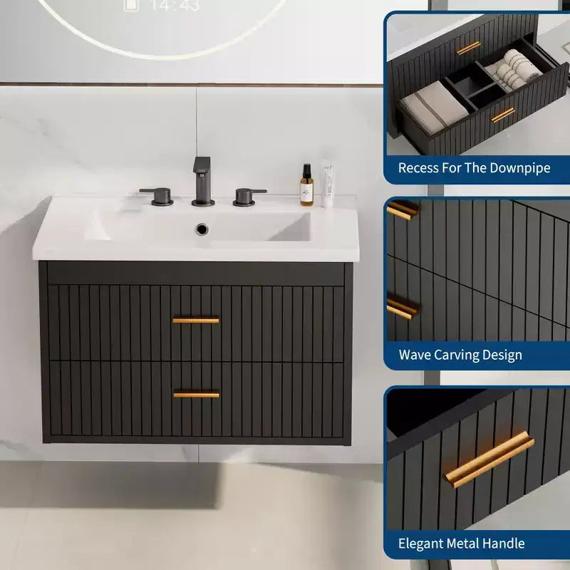Wall Mounted Bathroom Vanity with Ceramic Sink and 2 Storage Drawers