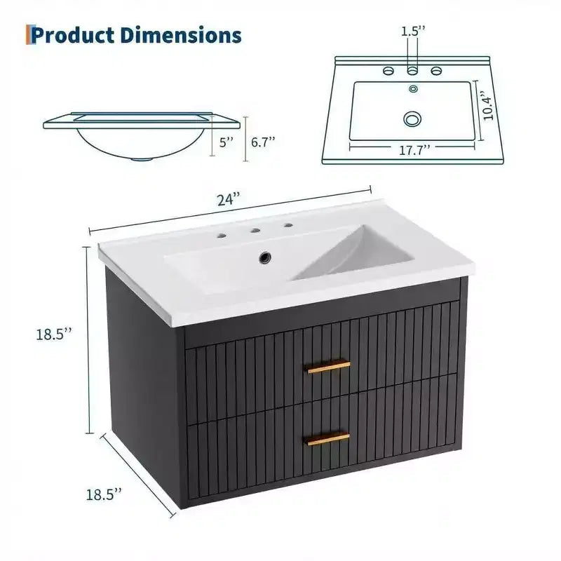 Wall Mounted Bathroom Vanity with Ceramic Sink and 2 Storage Drawers