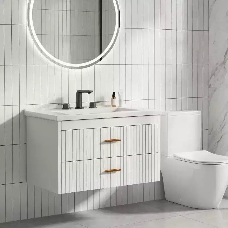 Wall Mounted Bathroom Vanity with Ceramic Sink and 2 Storage Drawers