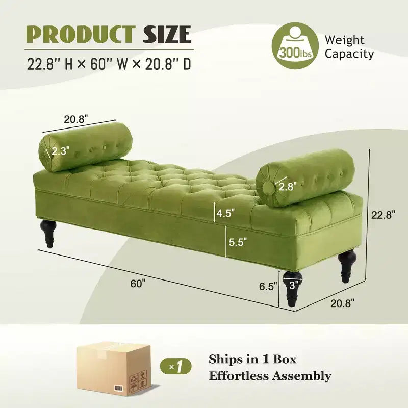 End of Bed Bench, Velvet Upholstered Tufted Bench Ottoman Footstool with 2 Detachable Pillows