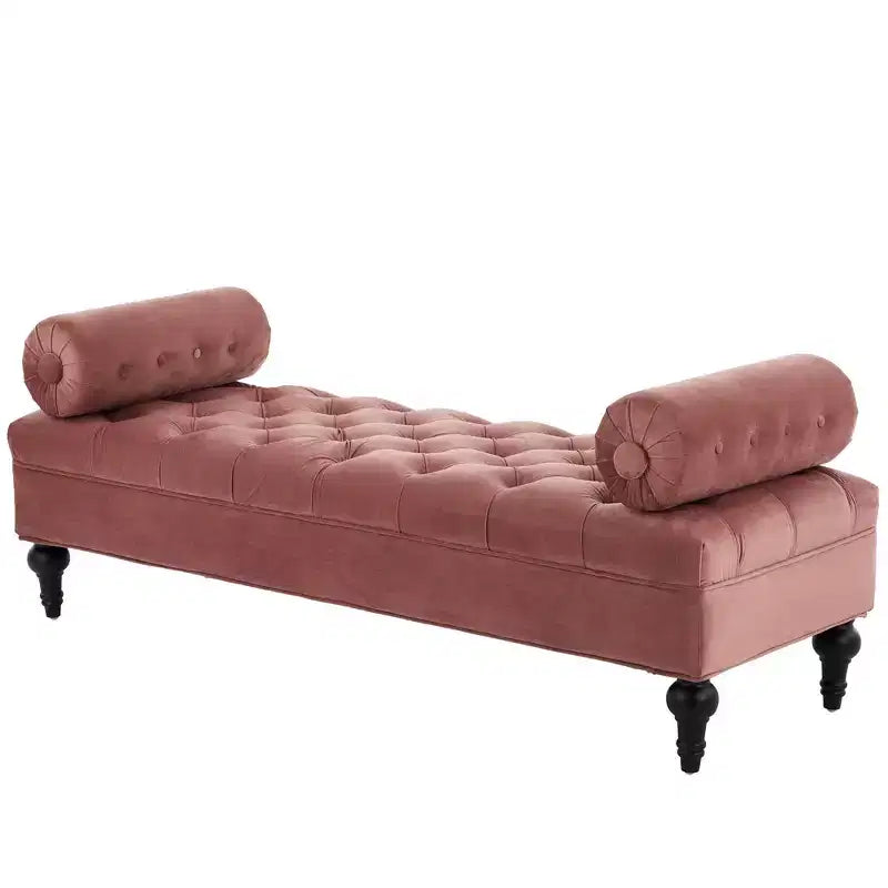 End of Bed Bench, Velvet Upholstered Tufted Bench Ottoman Footstool with 2 Detachable Pillows
