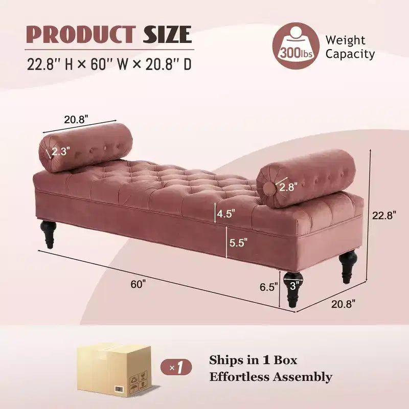 End of Bed Bench, Velvet Upholstered Tufted Bench Ottoman Footstool with 2 Detachable Pillows