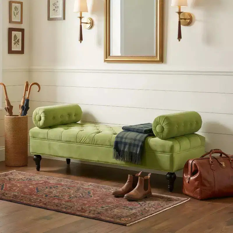 End of Bed Bench, Velvet Upholstered Tufted Bench Ottoman Footstool with 2 Detachable Pillows