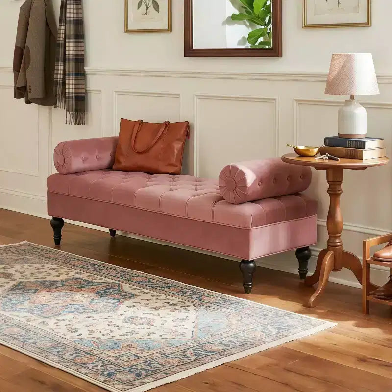 End of Bed Bench, Velvet Upholstered Tufted Bench Ottoman Footstool with 2 Detachable Pillows