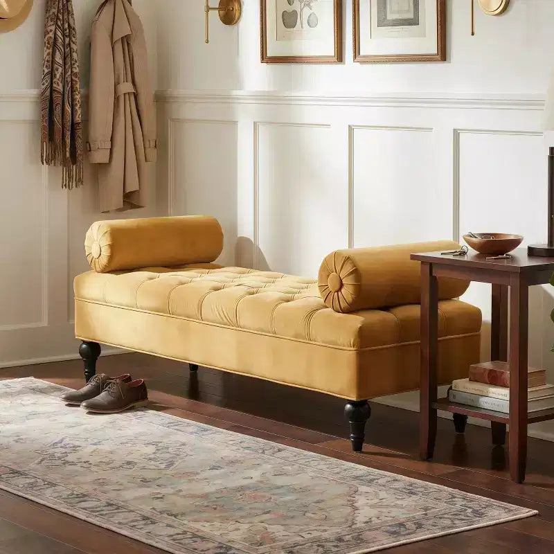 End of Bed Bench, Velvet Upholstered Tufted Bench Ottoman Footstool with 2 Detachable Pillows