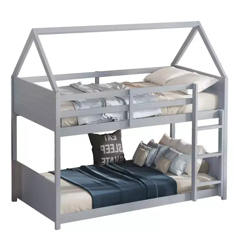 Twin Over Twin House Bunk Bed with Roof Frame, Guardrails and Ladder