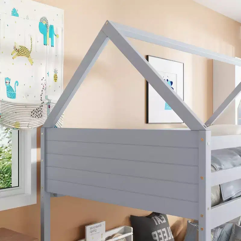 Twin Over Twin House Bunk Bed with Roof Frame, Guardrails and Ladder