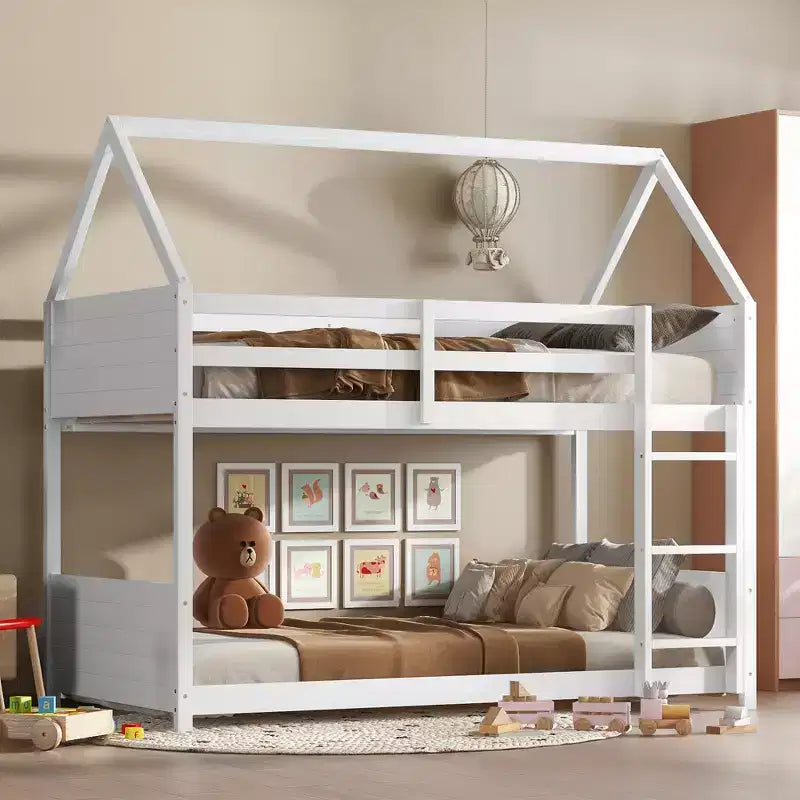 Twin Over Twin House Bunk Bed with Roof Frame, Guardrails and Ladder