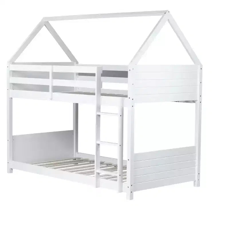 Twin Over Twin House Bunk Bed with Roof Frame, Guardrails and Ladder