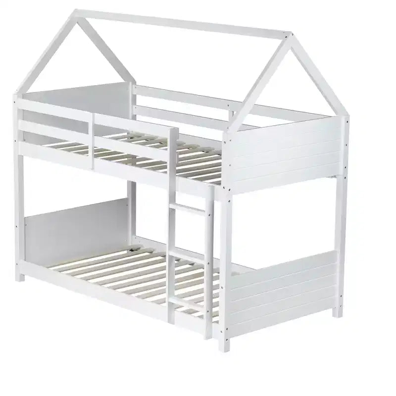 Twin Over Twin House Bunk Bed with Roof Frame, Guardrails and Ladder