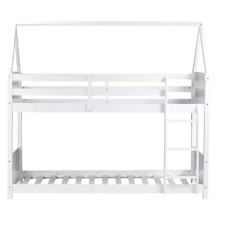 Twin Over Twin House Bunk Bed with Roof Frame, Guardrails and Ladder