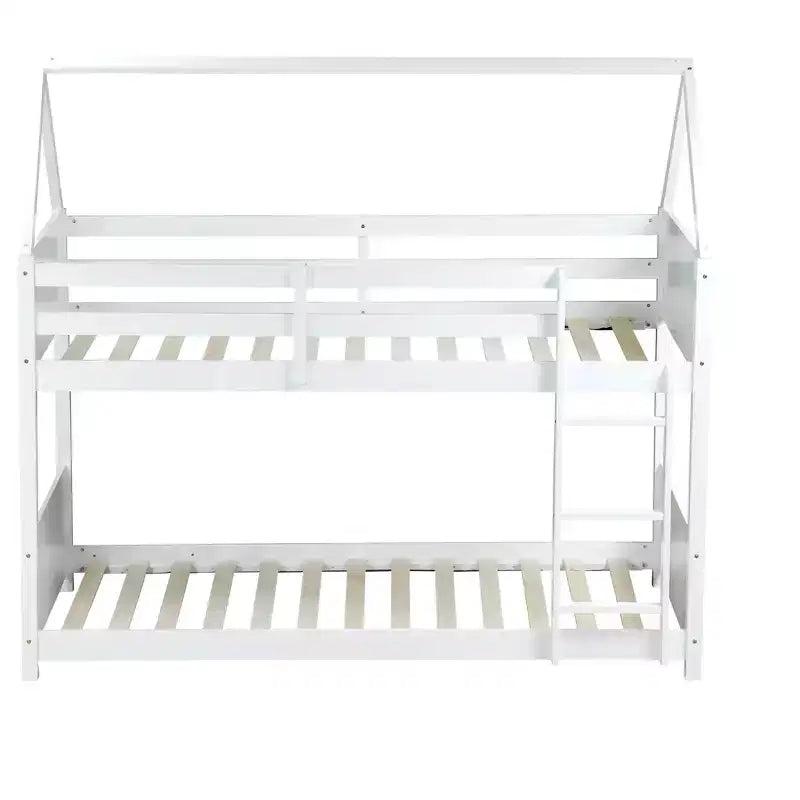 Twin Over Twin House Bunk Bed with Roof Frame, Guardrails and Ladder