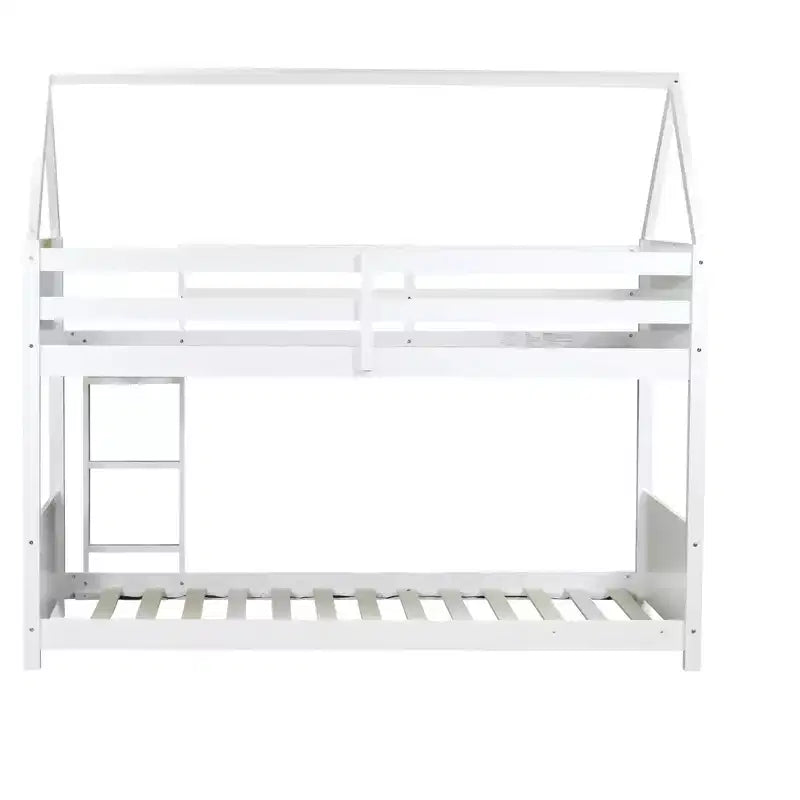 Twin Over Twin House Bunk Bed with Roof Frame, Guardrails and Ladder