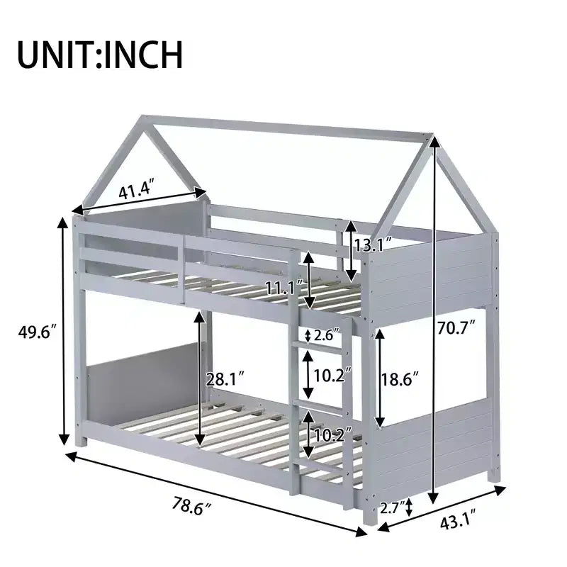 Twin Over Twin House Bunk Bed with Roof Frame, Guardrails and Ladder