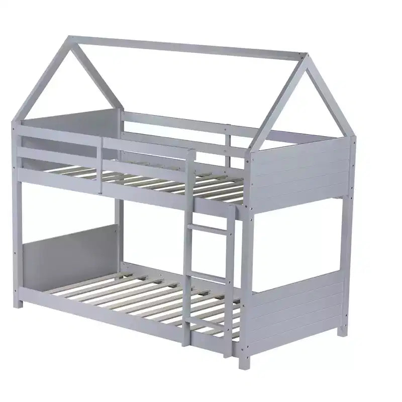 Twin Over Twin House Bunk Bed with Roof Frame, Guardrails and Ladder