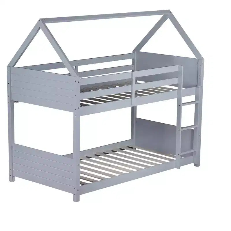 Twin Over Twin House Bunk Bed with Roof Frame, Guardrails and Ladder