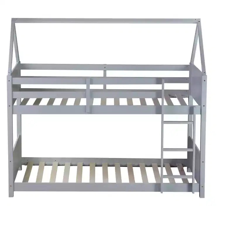 Twin Over Twin House Bunk Bed with Roof Frame, Guardrails and Ladder