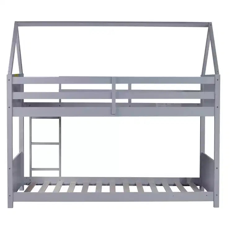 Twin Over Twin House Bunk Bed with Roof Frame, Guardrails and Ladder