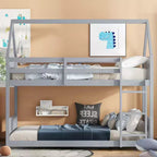 Bellemave Twin Over Twin House Bunk Bed, Low Floor Wood Bunk Bed with Roof Frame, Guardrails & Ladder, Rubber Wood Kids Bed Frame