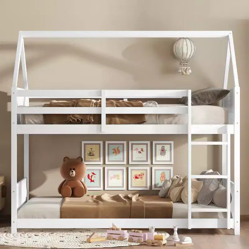 Twin Over Twin House Bunk Bed with Roof Frame, Guardrails and Ladder