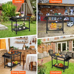 Chariot de desserte roulant à 3 niveaux pour barbecue d'extérieur avec étagères grillagées et crochets