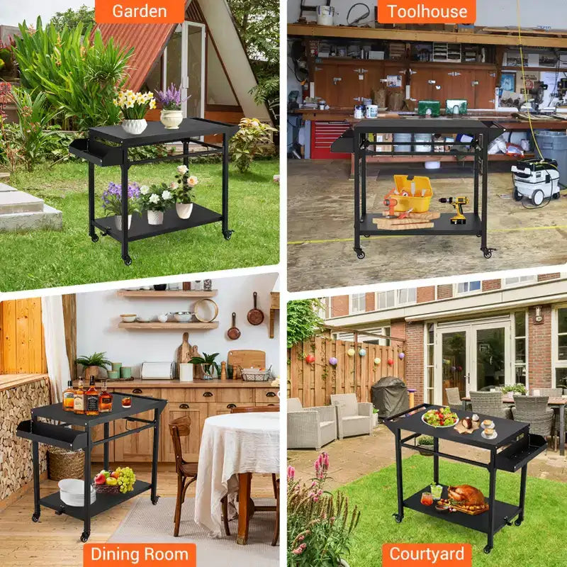 3-Tier Rolling Outdoor Grill Cart with Mesh Racks and Hooks