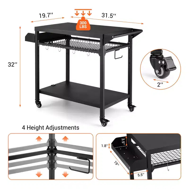 3-Tier Rolling Outdoor Grill Cart with Mesh Racks and Hooks
