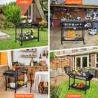Chariot de desserte roulant à 3 niveaux pour barbecue d'extérieur avec étagères grillagées et crochets
