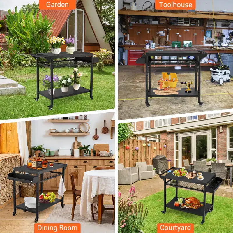3-Tier Rolling Outdoor Grill Cart with Mesh Racks and Hooks