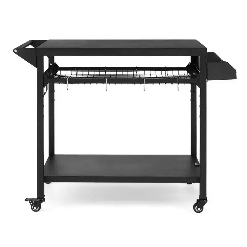 3-Tier Rolling Outdoor Grill Cart with Mesh Racks and Hooks