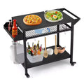 3-Tier Rolling Outdoor Grill Cart and BBQ Prep Table with Wheels, Pizza Oven Stand with Mesh Racks and Utensil Hooks for Patio, Camping and Parties