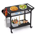 3-Tier Rolling Outdoor Grill Cart and BBQ Prep Table with Wheels, Pizza Oven Stand with Mesh Racks and Utensil Hooks for Patio, Camping and Parties
