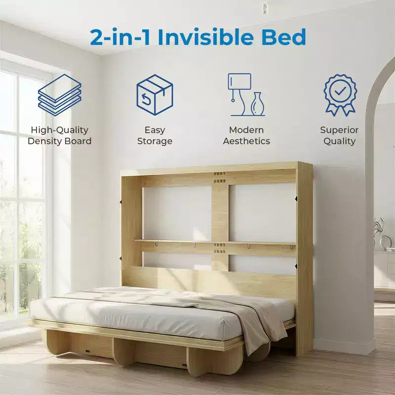 2-in-1 Invisible Murphy Bed with Shelf Storage, Queen Size