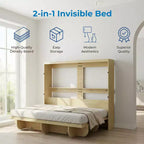 Lit escamotable invisible 2 en 1 avec étagères de rangement, Grand lit