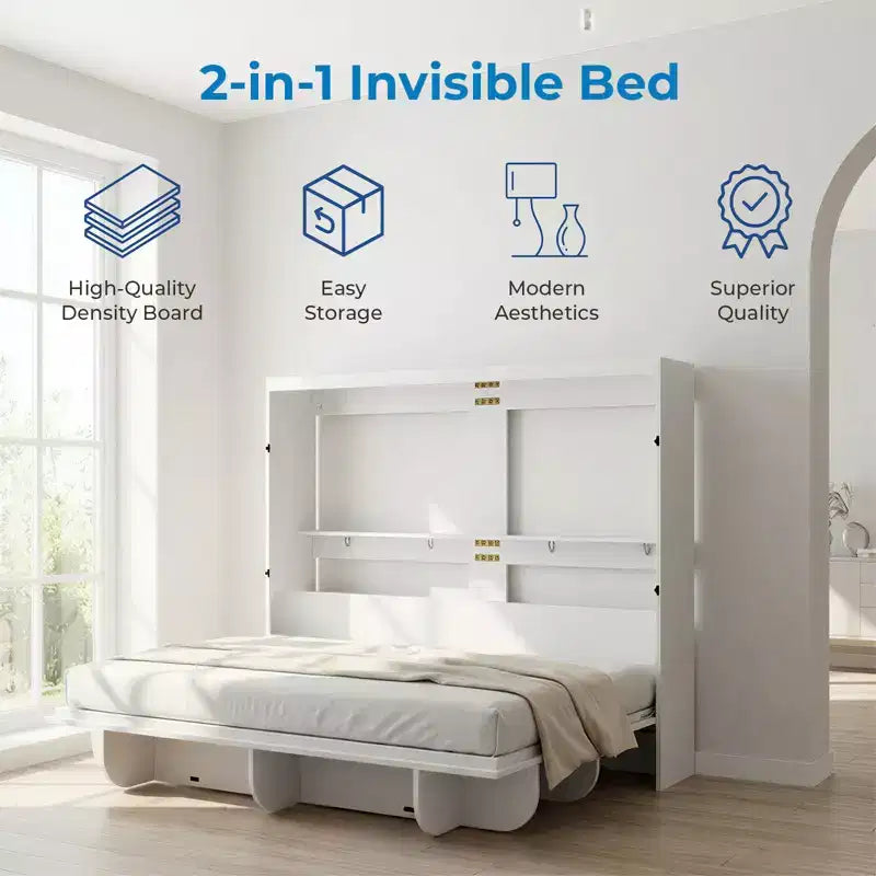 2-in-1 Invisible Murphy Bed with Shelf Storage, Queen Size