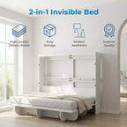 Lit escamotable invisible 2 en 1 avec étagères de rangement, Grand lit