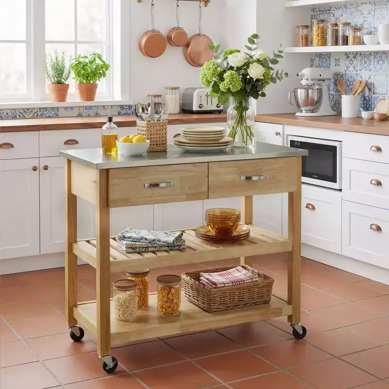 42-Inch Rolling Kitchen Cart with Stainless Steel Top and Solid Wood Frame