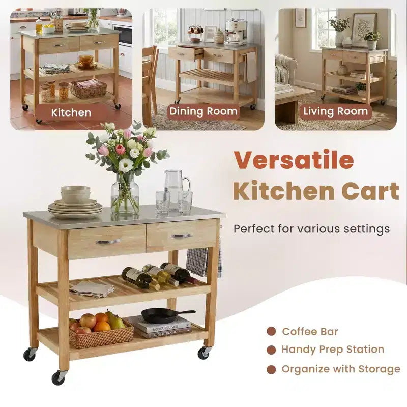 42-Inch Rolling Kitchen Cart with Stainless Steel Top and Solid Wood Frame