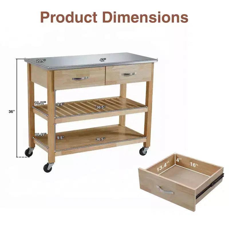 42-Inch Rolling Kitchen Cart with Stainless Steel Top and Solid Wood Frame