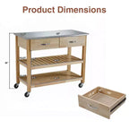 Dessert de cuisine roulante de 106,7 cm avec plateau en acier inoxydable et cadre en bois massif