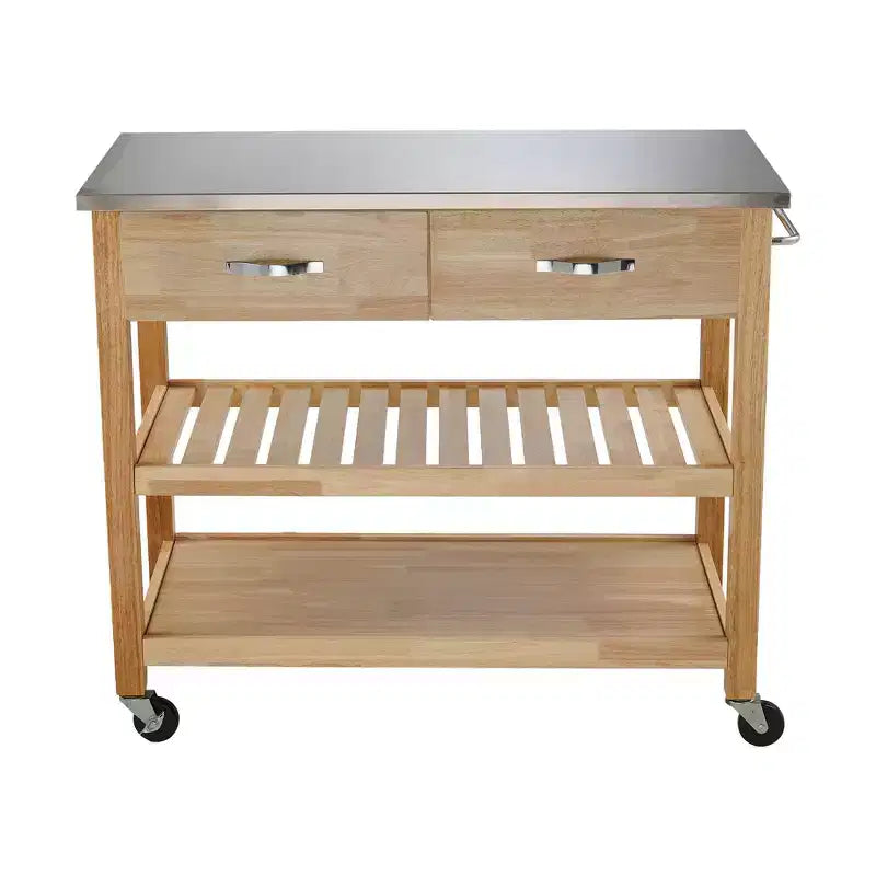 42-Inch Rolling Kitchen Cart with Stainless Steel Top and Solid Wood Frame
