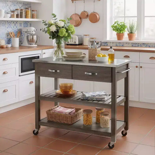 42-Inch Rolling Kitchen Cart with Stainless Steel Top and Solid Wood Frame
