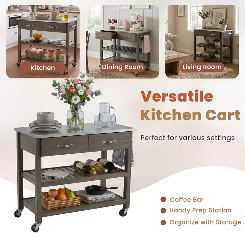 42-Inch Rolling Kitchen Cart with Stainless Steel Top and Solid Wood Frame