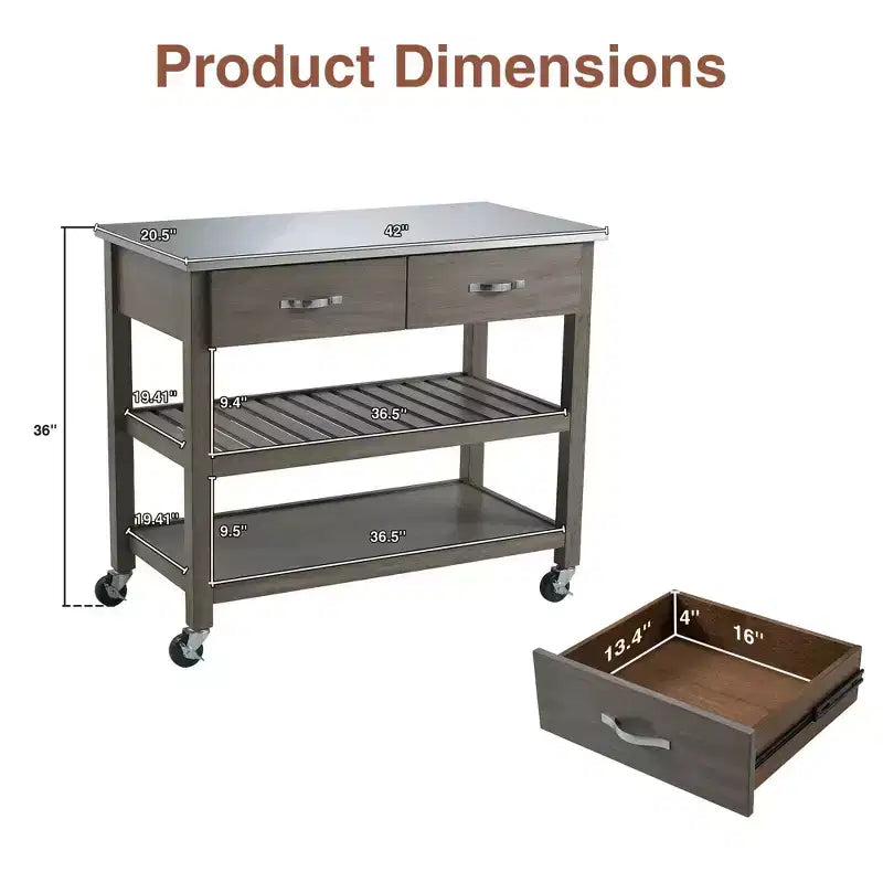 42-Inch Rolling Kitchen Cart with Stainless Steel Top and Solid Wood Frame