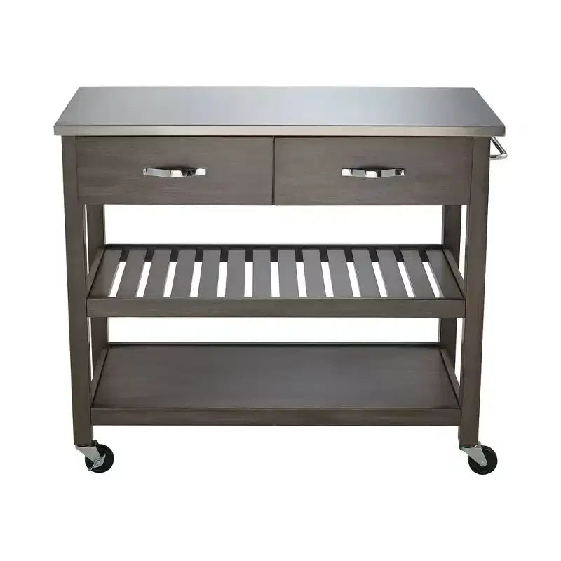 42-Inch Rolling Kitchen Cart with Stainless Steel Top and Solid Wood Frame