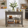 42 Rolling Kitchen Cart with Stainless Steel Top Solid Wood Kitchen Island Trolley with 2 Drawers 3-Tier Storage Lockable Wheels Mobile Prep Table