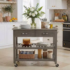 42 Rolling Kitchen Cart with Stainless Steel Top Solid Wood Kitchen Island Trolley with 2 Drawers 3-Tier Storage Lockable Wheels Mobile Prep Table